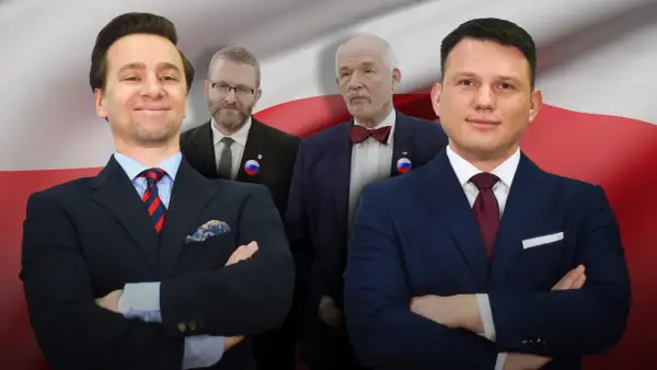 Czterech mężczyzn w garniturach na tle flagi Polski. Czy liberalny program Konfederacji faworyzuje wyłącznie najbogatszych?