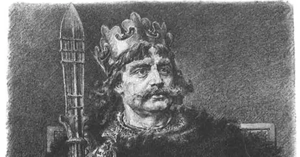 Portret Bolesława Chrobrego, pierwszego króla polskiego, z koroną i berłem.