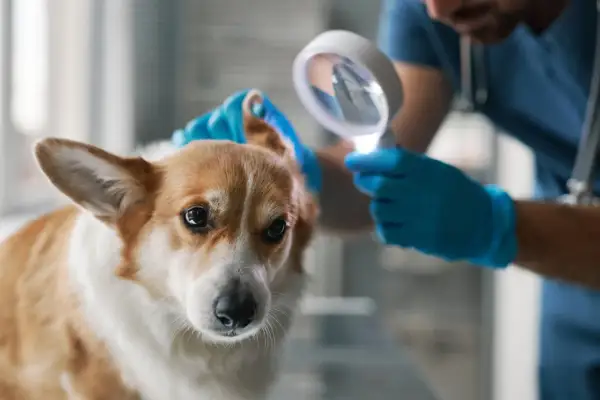 Weterynarz bada ucho corgi. Przyszłość praw i ochrony zwierząt w Polsce, w tym ustawa schroniskowa, zapewni im lepszą przyszłość.