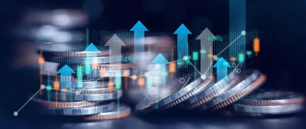 Wzrost finansowania samorządów terytorialnych: stosy monet, wykresy wzrostu i strzałki w górę ilustrują, jak Polska 2050 chce zwiększyć finansowanie samorządów terytorialnych.