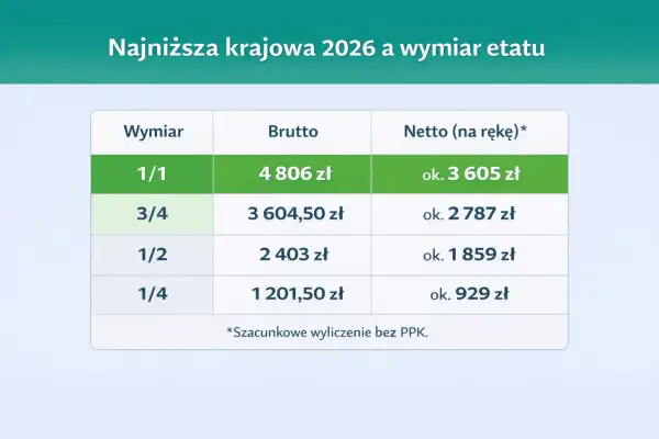Tabela pokazuje najniższą krajową 2026 netto w zależności od wymiaru etatu: 1/1 to ok. 3605 zł, 3/4 to ok. 2787 zł.