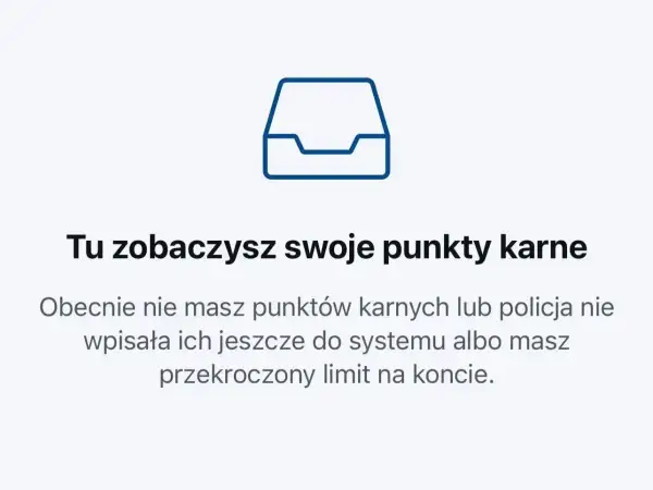Ikona folderu i tekst informujący o punktach karnych. Obecnie brak punktów lub przekroczenie limitu, np. przez przekroczenie prędkości o 30 km/h.