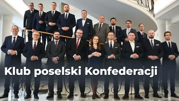 Klub parlamentarny Konfederacji: grupa posłów w garniturach, zjednoczona, ale z widocznymi podziałami w głosowaniach.
