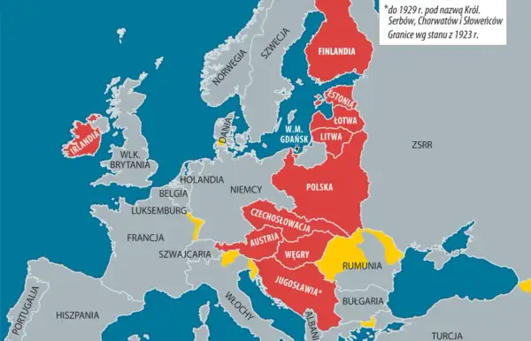 Mapa Europy z 1923 roku, ukazująca granice państw po traktacie wersalskim. Czerwone państwa to m.in. Polska, Finlandia, kraje bałtyckie.