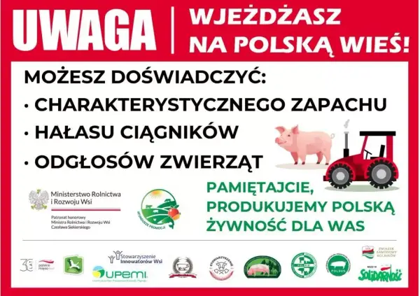 Polska 2050: stanowisko wobec protestów rolników. Plakat informuje o życiu na wsi: zapachy, hałas ciągników, odgłosy zwierząt. Podkreśla produkcję polskiej żywności.