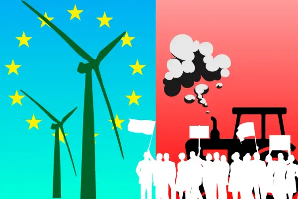 Konfederacja krytykuje Zielony Ład i unijną politykę klimatyczną. Z jednej strony wiatraki i gwiazdy UE, z drugiej traktor i protestujący.