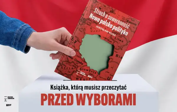 Ręka wrzuca książkę "Strach o suwerenność. Nowa polska polityka" do urny wyborczej. Obraz symbolizuje troskę o suwerenną Polskę przed wyborami.