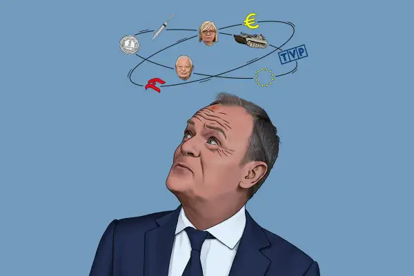 Polityk patrzy na symbole: złoty, euro, czołg, UE, TVP, strzykawkę, twarze polityków. Zastanawia się nad wpływem rządów PiS na ceny mieszkań w Polsce.